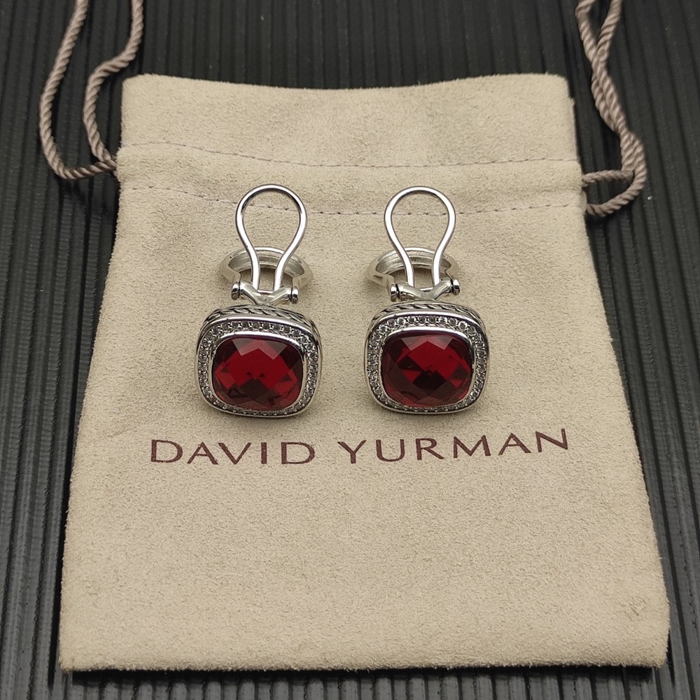 Red Cushion-Cut Gemstone Drop Earrings with Pavé Accents